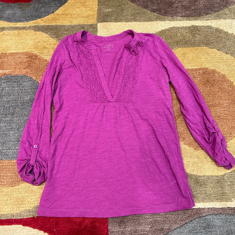 Ann Taylor LOFT Magenta Fuchsia V Neck Design Burnout Top 3/4 Sleeves Petite XXS